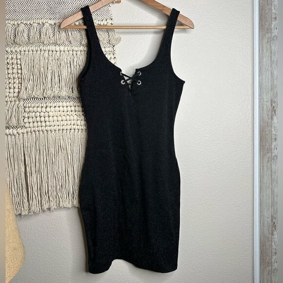 Zara Black Shimmery Lace-Up Mini Dress Medium - Picture 3 of 6